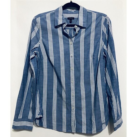 Talbots Top Womens Size 10 Blue White Striped Button Up Roll Tab Sleeves - Picture 1 of 6